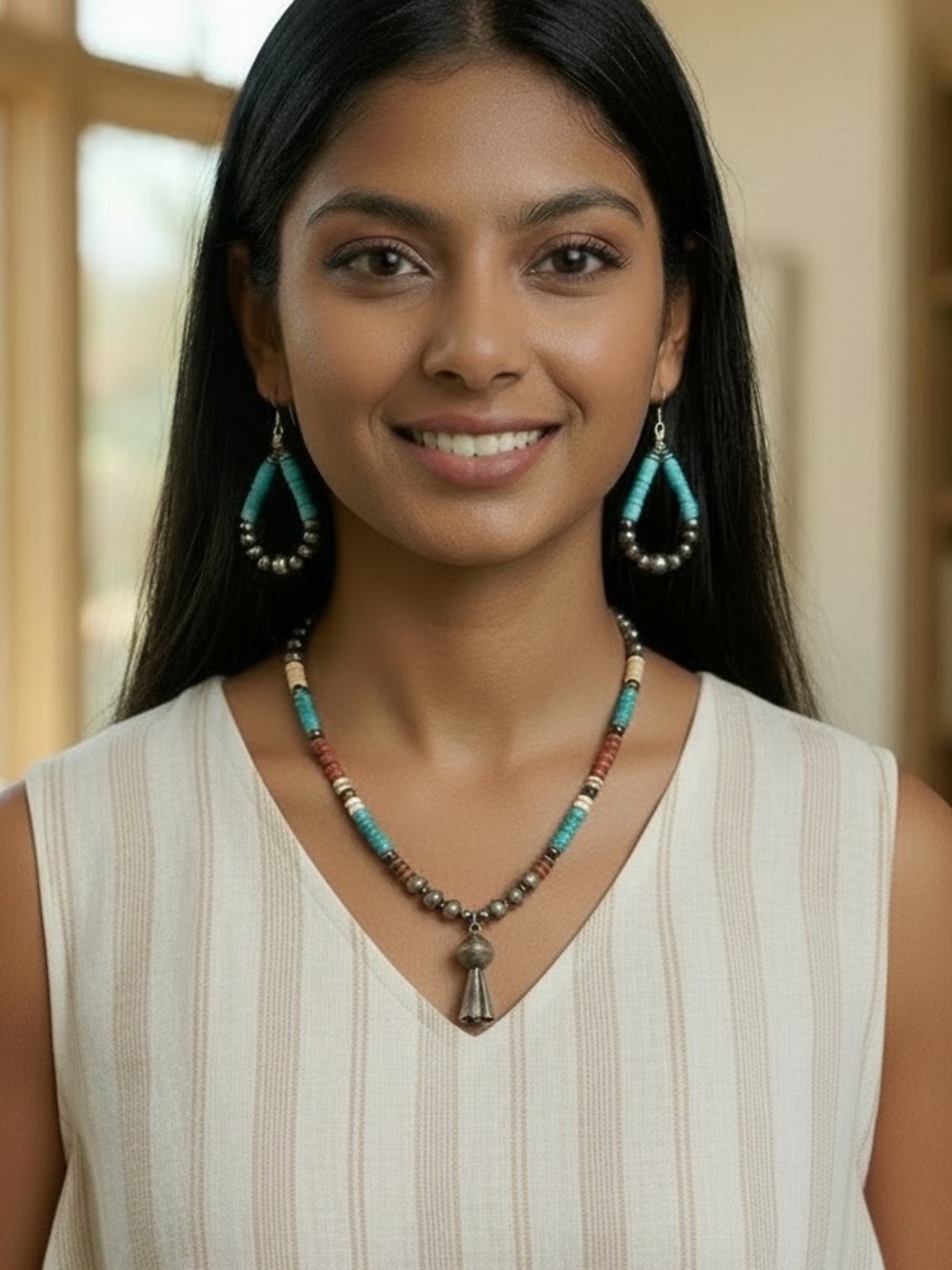 Turquoise Sterling Silver Navajo Pearls Squash Blossom Bell Pendant Necklace - Picture 6 of 8